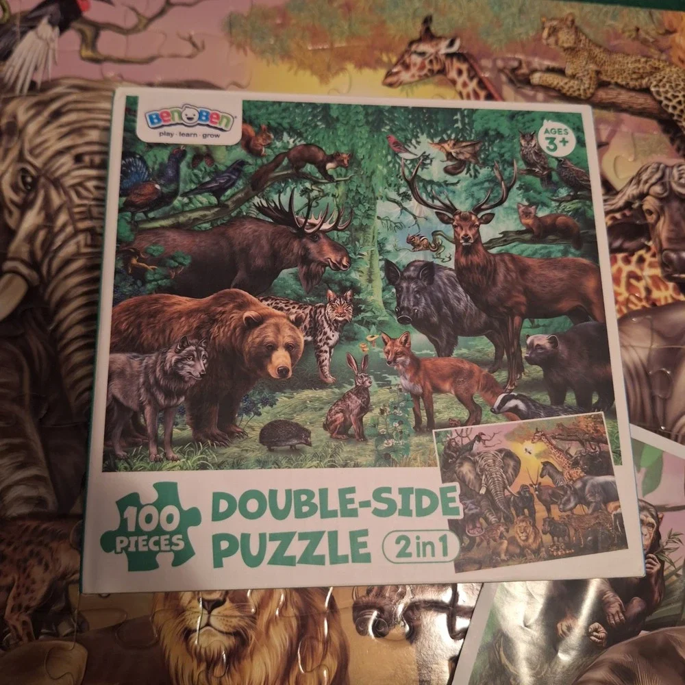 BenOBen Double-Sided 2in1 Puzzle 100‎ Pieces Safari and Forest Animals